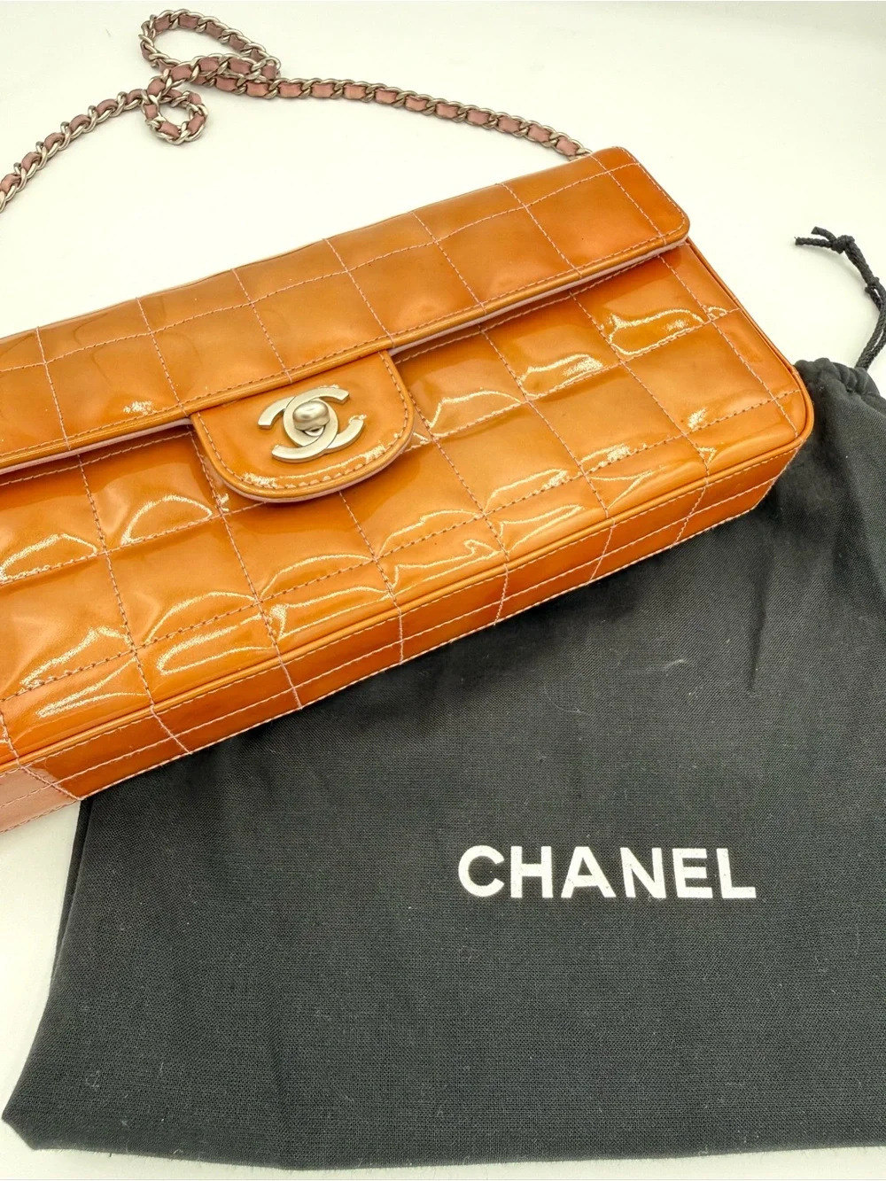 CHANEL Quilted Orange Patent Leather Chocolate Bar CC Flap Bag